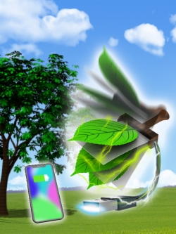천연재료인 나뭇잎과 카본 나노 튜브 전극을 이용한 마찰 전기 디바이스, 스마트폰 충전 개념도.