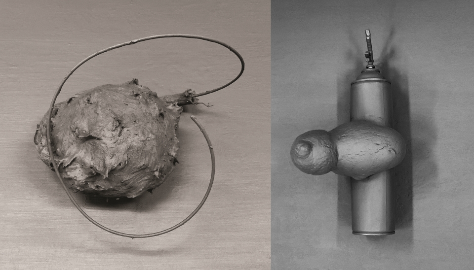 왼쪽 Earmuff, 2019, Graphite Powder on Useless Earmuff; 15x15x15 cm. 오른쪽 Art & Ideology, 2019, Graphite Powder on a Side-Stripped Foam Gun Spray; 36(h)x18x20 cm