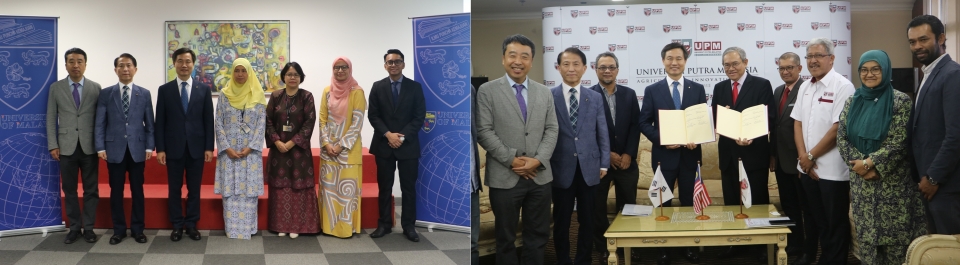 전북대가 AUEB 프로그램을 위한 플랫폼 구축을 위해 말레이시아의 말라야대학(왼쪽), 대학과 업무 협약을 체결했다.