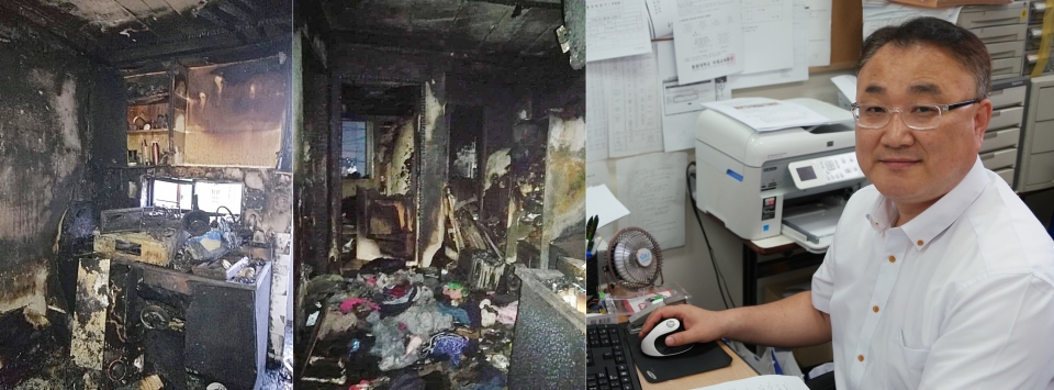 화재로 피해를 입은 아누다리씨의 집과(사진 첫번째, 두번째) 아누다리씨에게 성금을 전달한 한국전문대학국제교류관리자협의회의 박종식 회장.(사진 세번째)