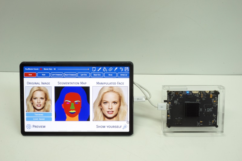GANPU 칩 활용 예. 얼굴 이미지 수정 시스템을 통해 GANPU 칩의 성능을 확인, 헤어 스타일을 자연스럽게 변형한다.