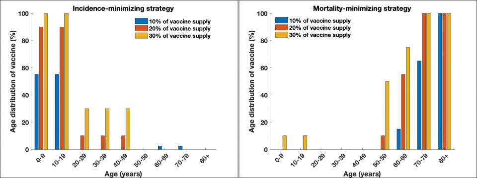 (왼쪽) 코로나 사망자를 최소화 할 수 있는 연령별 백신접종전략, (오른쪽) 코로나 확진자를 최소화 할 수 있는 연령별 백신접종 전략