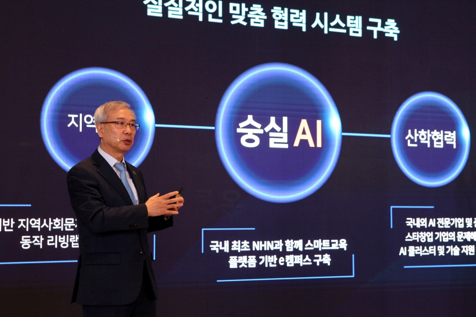 황준성 숭실대 총장이 'AI-TOPIA' 실현을 위한 계획을 발표하고 있다.