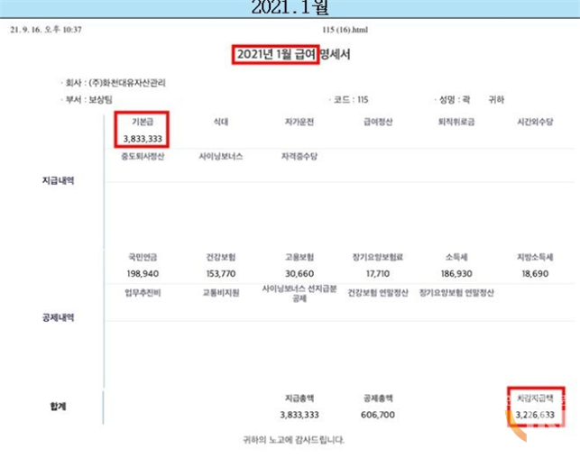 언론에 보도된 곽상도 의원의 아들 곽모씨에 대한 화천대유의 급여명세서. (사진= 강득구 의원실)