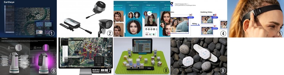 ①다비오의 항공 사진 기반 변화감지 기술 ‘어스아이’ ② 위드어스의 비접촉 자전거 발전기 ‘WHEELSWING VOLT-SPECIAL’ ③클레온이 개발한 실시간 영상 공유 소셜 ‘카멜로’ ④모든 비디오를 4개국어로 더빙하는 솔루션 ‘KLling’ ⑤비피엠의 스포츠헤드밴드 형태의 스마트 웨어러블오디오 디바이스 ‘Run-up’ ⑥힐스엔지니어링의 AI 기반 스마트 소독 & 가이드 로봇 ‘Hey-Bot’ ⑦클로버스튜디오의 4D AI 드론 관제 플랫폼 ‘DROWay’ ⑧크리모의 ‘크리모 AI 코딩 트레이닝 키트’ ⑨와이브레인의 두뇌신경 안정기기 ‘POLA’ (사진=한서대 제공)