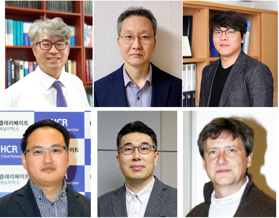 고려대 교원 6인 사진. 상단 왼쪽부터 화학과 김종승 교수, 화학과 우한영 교수, 건축사회환경공학부 노준홍 교수하단 왼쪽부터 전기전자공학부 안춘기 교수, 환경생태공학부 옥용식 교수, 인공지능학과 Klaus-Robert Müller 교수.