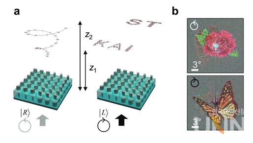 유니버설 메타표면을 통해 구현한 삼차원 벡터 홀로그램. (a) 입사되는 빛의 편광 상태에 따라 서로 다른 삼차원 벡터 홀로그래픽 이미지를 만드는 유니버설 메타표면 모식도. (b) 측정된 홀로그래픽 이미지 결과, 색은 각 지점에서의 편광 상태를 의미. Adapted with permission. Copyright 2022, WILEY-VCH.