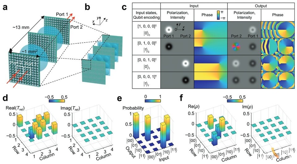 유니버설 메타표면 기반 편광 의존적인 선형 광학계. (a,b) 메타표면과 렌즈 모식도. (c-f) 확률론적인 양자 CNOT 게이트 계산 결과. Adapted with permission. Copyright 2022, WILEY-VCH.