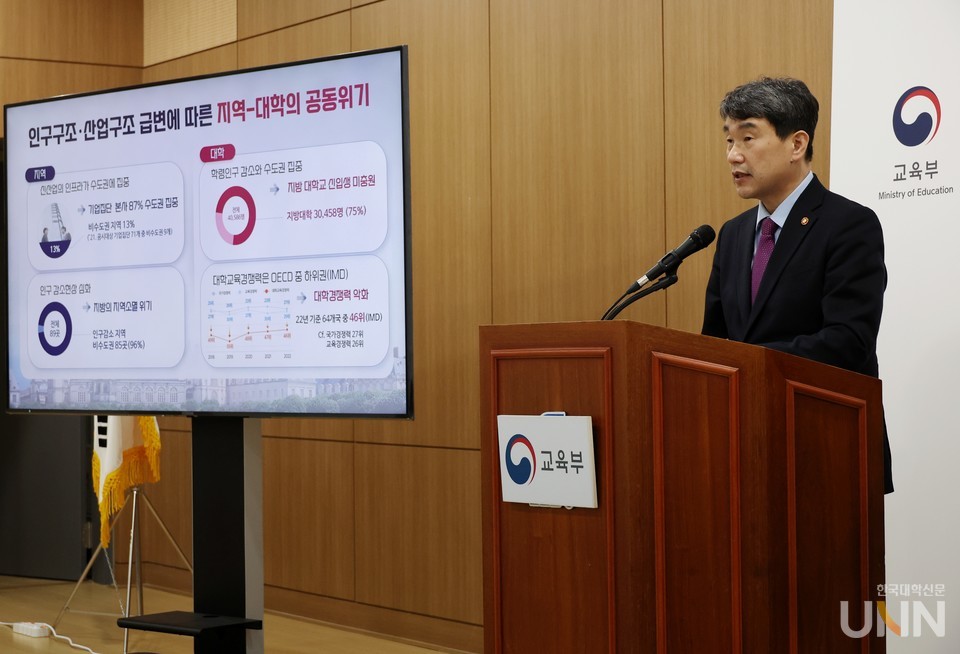 이주호 부총리 겸 교육부 장관이 지난 1일 금오공대에서 지역혁신중심 대학지원체계(RISE) 구축 계획을 발표하고 있다. (사진=교육부)