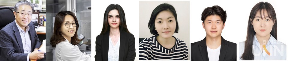 왼쪽부터 조동우(공동교신저자, POSTECH 기계공학과), 장진아(공동교신저자, POSTECH 기계공학과 · IT융합공학과),투우체 센(공동1저자, POSTECH 기계공학과), 강윤정(공동교신저자, 차의과학대학교 의학전문대학원 생화학교실), 안중호(공동1저자, 차의과학대학교 의학전문대학원 생화학교실), 이단비(공동1저자, 차의과학대학교 의생명과학과)