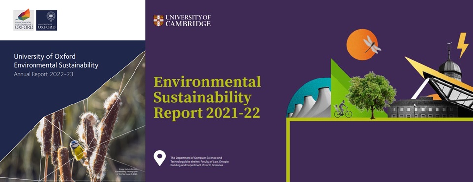 (좌측부터) 옥스퍼드대의 ESG 보고서(2022-23)와 케임브리지대의 ESG 보고서(2021-22) 표지. 