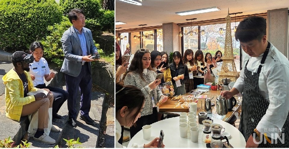 (사진 왼쪽) 드론을 직접 체험하는 외국인들. (사진 오른쪽) 바리스타를 직접 체험하는 수도권 외국인 인플루언서. (사진=동강대)