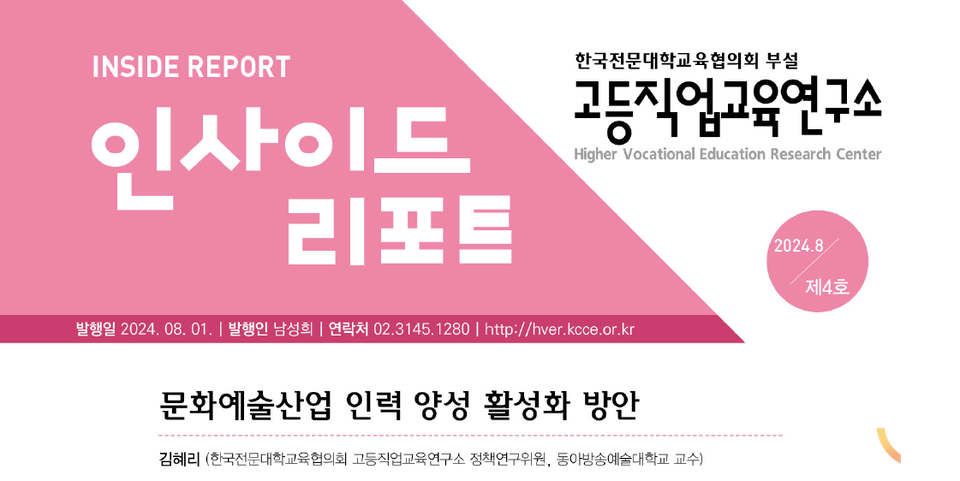‘2024년 인사이드 리포트(문화예술산업 인력 양성 활성화 방안)’ 표지. (사진=한국전문대학교육협의회 제공)