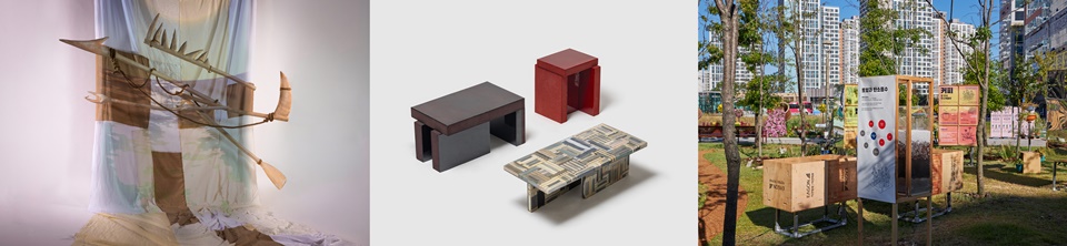  ‘제31회 계원조형예술제’에서 우수작으로 선정된 (왼쪽부터) 최지민 학생(공간연출과)의 ‘항해’, 김소현·강다혜 학생(리빙가구디자인과)의 ‘터닝’, 장세원·권민서·김윤주·이예지·김희재 학생(전시콘텐츠디자인과)의  ‘탄소흡수園’. (사진=계원예대)