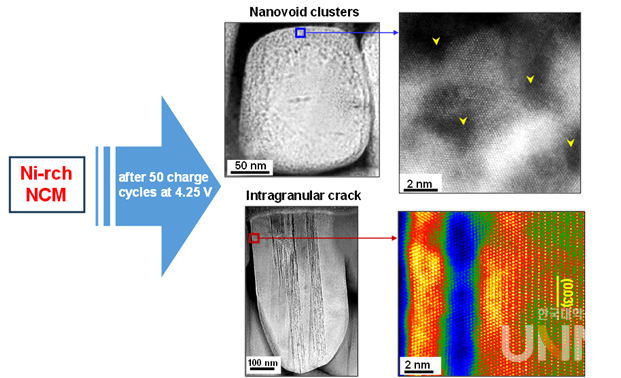 4.25 V 차단전압으로 50회 충방전을 반복한 결과, 일차입자 표면부에 형성된 nanovoid 클러스터 형상 및 nanocrack 구조