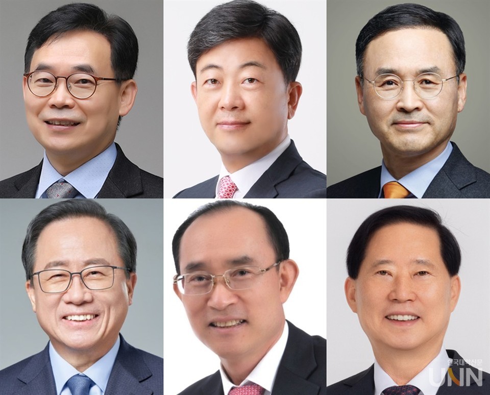 윗줄 왼쪽부터 시계방향으로 전영근, 박종필, 차정인, 황욱, 박수종, 김석준 부산시교육감 재선거 예비후보(중앙선관위 예비후보자 명부 기준). (사진=중앙선관위)