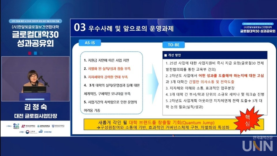 지난 20일 김정숙 대전보건대학교 글로컬사업단장이 ‘한달빛글로컬보건연합대학(대전보건대·대구보건대·광주보건대) 성과공유회’에서 앞으로 운영 과제를 분석하고 있다. (사진=성과보고회 온라인 화면 캡처)