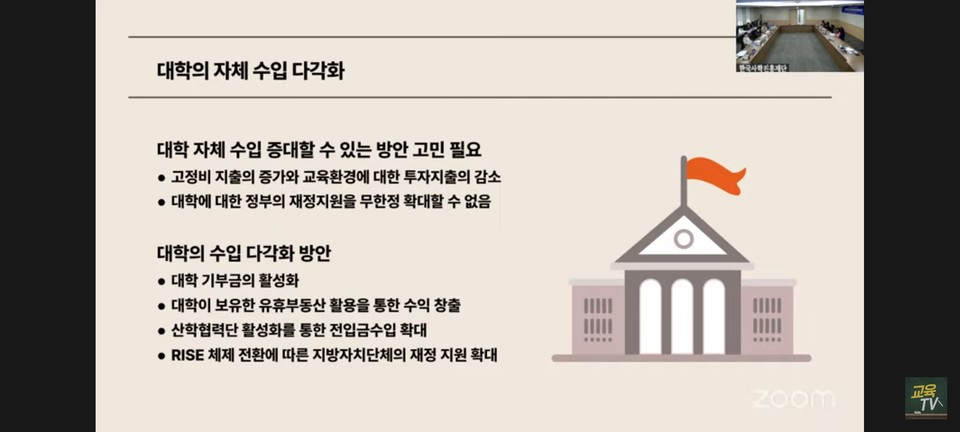 ‘제2차 고등교육재정 혁신 토론회(포럼)’에서 문제성 본부장이 제시한 대학 수입 다각화 방안. (사진=교육부 유튜브 ‘교육TV’ 생중계 캡쳐)