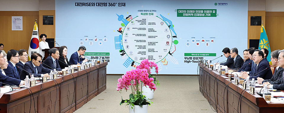 대전시라이즈위원회에서 이장우 대전시장(오른쪽 가운데)이 발언하고 있다. (사진=대전시)