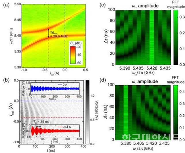 실험 데이터. (a) 연속파 측정을 통한 마그논-마그논 밴드 안티크로싱(band anticrossing) 측정 결과. 강결합(strong coupling) 하이브리드 시스템이 형성되었음을 보여줌. (b) 단일 펄스 인가에 따른 YIG 구체 간 마그논 펄스 교환 진동 현상. 마그논 정보가 초전도 회로를 통해 결맞음을 유지하며 일정 시간 간격으로 전송됨을 알 수 있음. (c,d) 이중 펄스 인가에 따른 마그논 간섭 현상. 펄스 간 시간 간격과 캐리어 주파수의 조절을 통해 마그논 정보 상태를 임의로 제어할 수 있음.