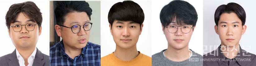 (왼쪽부터) 고려대학교 신소재공학부 오승주 교수(교신저자),  성균관대학교 화학공학부 권석준 교수(교신저자), 고려대학교 신소재공학부 박태성 연구원(제1저자), 안준혁 연구원(제1저자), 성균관대학교 화학공학부 강태우 연구원(제1저자)