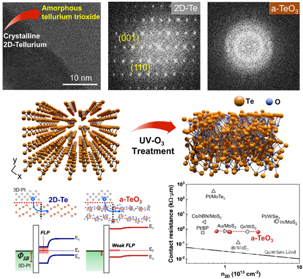 결정질 텔루륨에서 비정질 텔루륨 삼산화물로의 상전이현상과 비정질 텔루륨 삼산화물의 우수한 접촉 저항 특성 그래프.