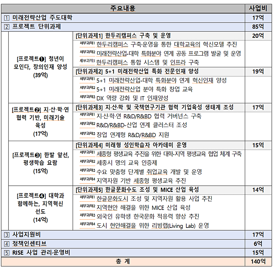 세종형 라이즈 구조별 총괄표 (자료=세종시)