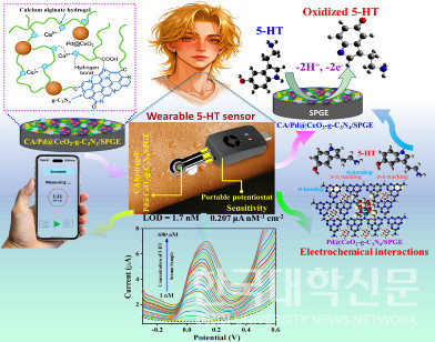 사람의 땀에서 극미량의 세로토닌(5-HT)을 실시간으로 검출하고 모니터링 할 수 있는 웨어러블 바이오 센서를 개발했다.