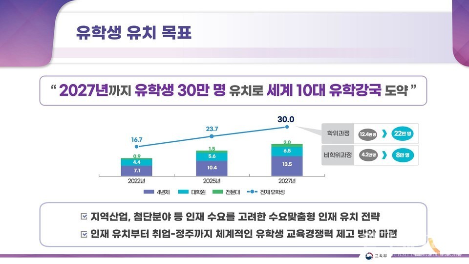 지난 2023년 발표된 ‘유학생 교육경쟁력 제고 방안(Study Korea 300K)’의 유학생 유치 목표. (그림=교육부 제공)