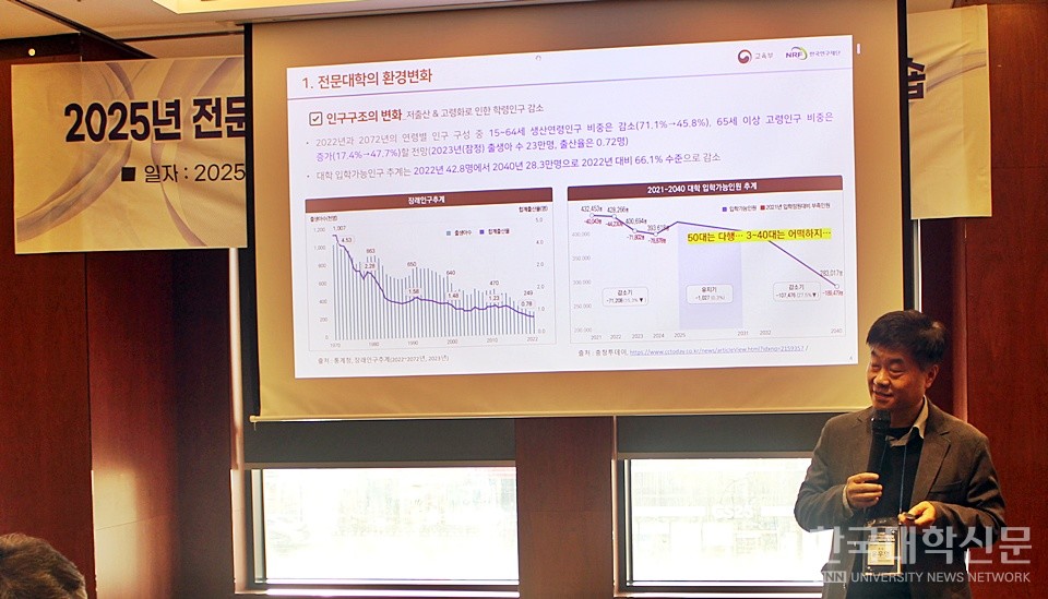 윤우용 전국 전문대혁신지원사업 발전협의회장이 23일 오후 열린 ‘2025 전문대 혁신지원사업 수도권 사업단’ 워크숍에서 강연을 이어가고 있다. (사진=김영식 기자)