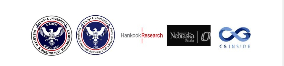 ‘재난안전인식 조사’ 결과를 발표한 동아대 대학원 재난관리학과와 긴급대응기술정책연구센터, 미국 네브래스카 대 행정학과, 한국리서치, 씨지인사이드 로고.