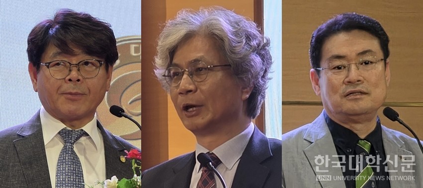 왼쪽부터 임연준 강동대 대외부총장, 임채현 충북도립대 국제센터장, 송승호 충북글로벌협력단장(충청대 총장)이 각각 축사, 개회사, 환영사를 전하고 있다. 대학명 가나다 순. (사진= 주지영 기자)