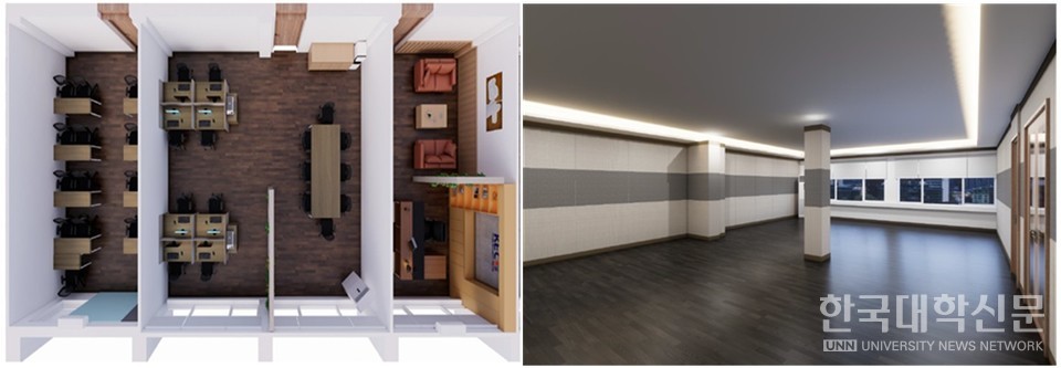 인도네시아한국교육원 사무실 배치도(왼쪽)와 강의실. (사진=교육부)